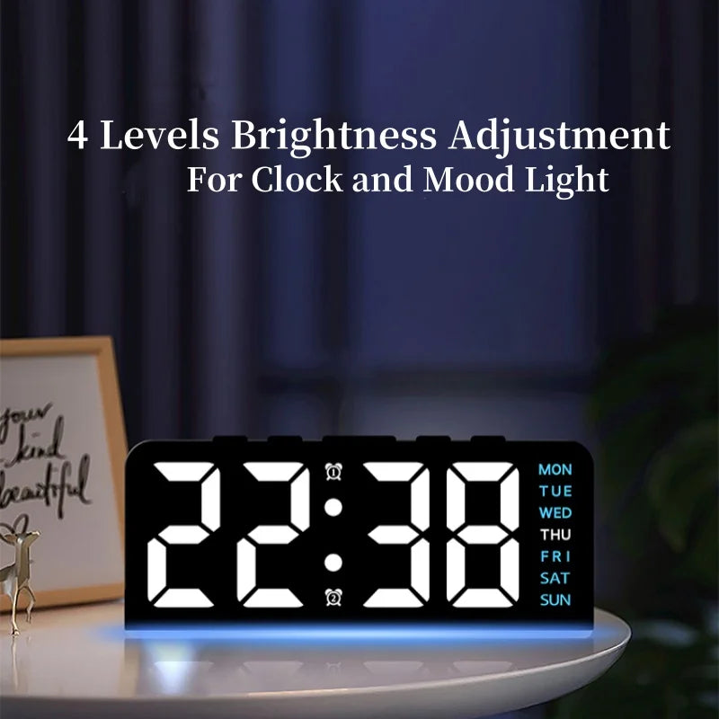 USB Powered Digital Alarm Clock with Mood Light Dual Alarm Snooze Table Clock 4 Levels Brightness 12/24H Electronic LED Clock