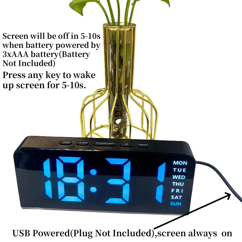 USB Powered Digital Alarm Clock with Mood Light Dual Alarm Snooze Table Clock 4 Levels Brightness 12/24H Electronic LED Clock