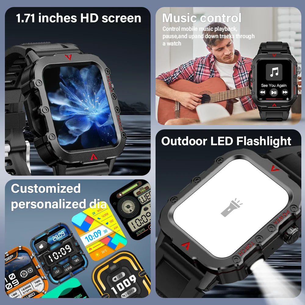 LAXASFIT Men's Sports Smart Watch Bluetooth Talk Heart Rate Monitor With LED Flashlight Multi-function Sports Outdoor Smartwatch