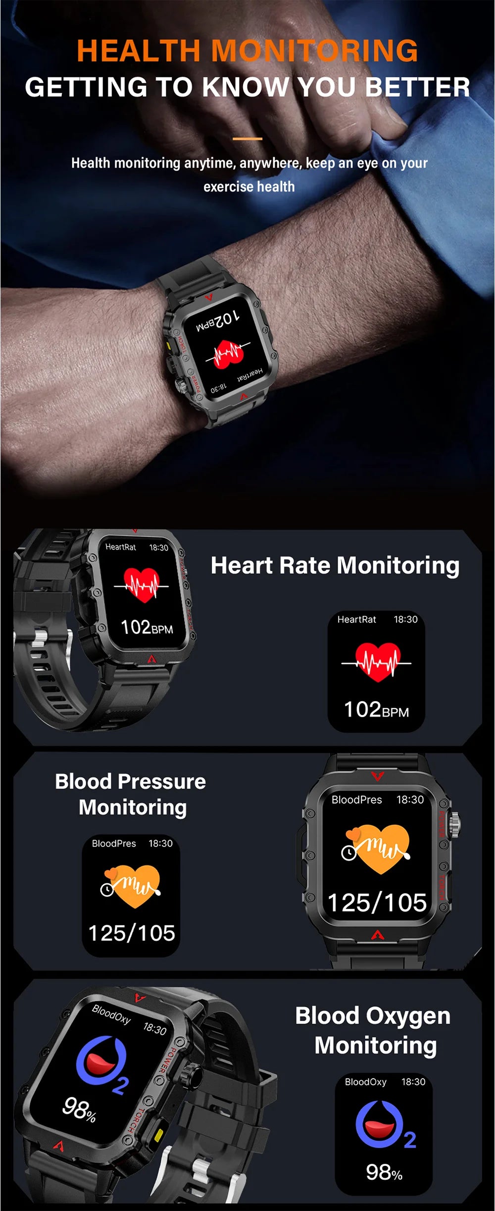 LAXASFIT Men's Sports Smart Watch Bluetooth Talk Heart Rate Monitor With LED Flashlight Multi-function Sports Outdoor Smartwatch