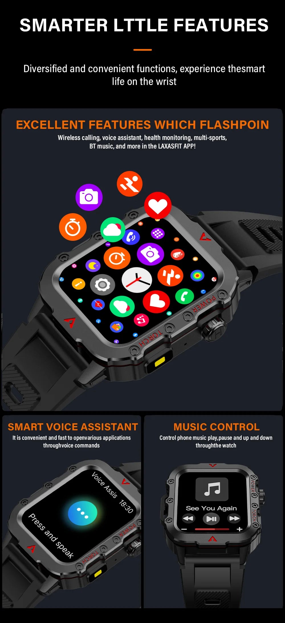 LAXASFIT Men's Sports Smart Watch Bluetooth Talk Heart Rate Monitor With LED Flashlight Multi-function Sports Outdoor Smartwatch